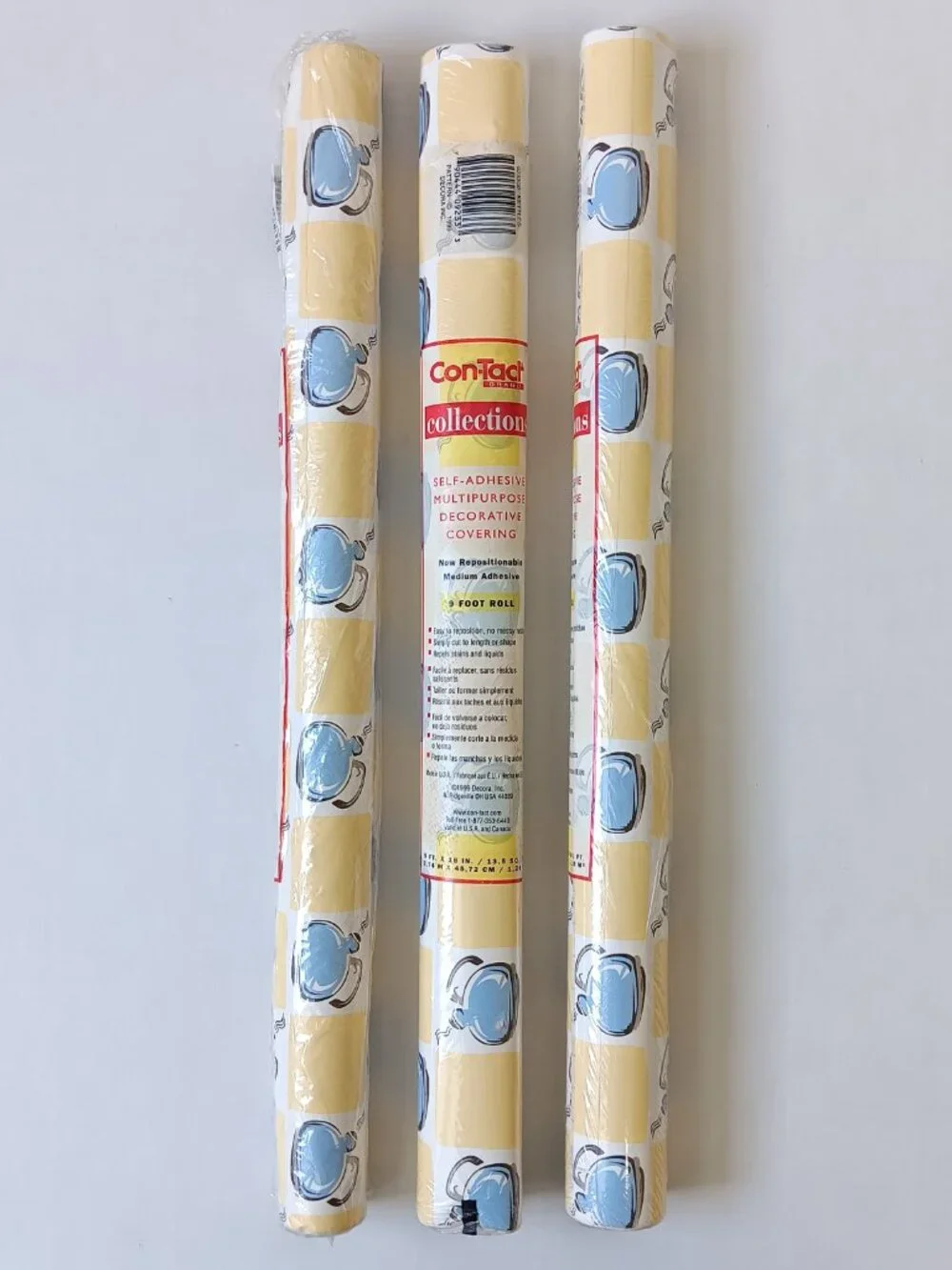 Lot of 3 Vintage Con-Tact Yellow w/ Blue Kettles Self-Adhesive Covering 9 Ft ea.